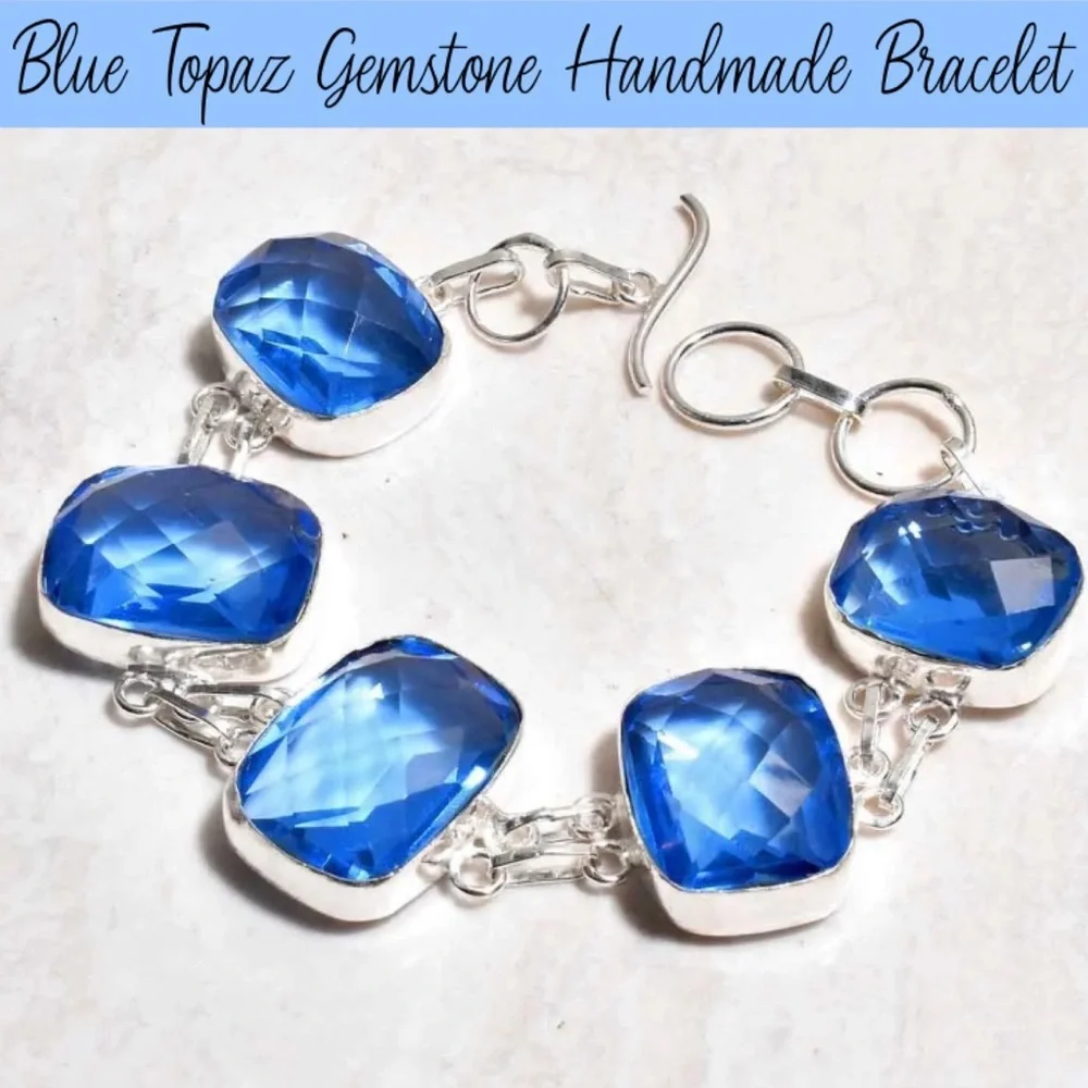 Faceted Blue Topaz Gemstone Handmade Bracelet - Picture 2 of 5